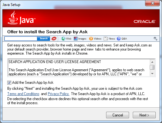 Dialog Box - Java installs the Ask Toolbar